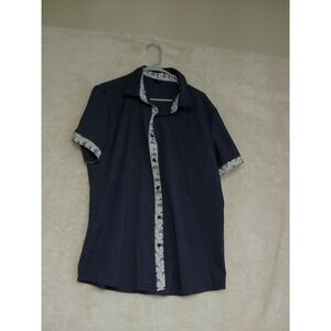 Manfinity Navy Blue Short Sleeve Button Up Shirt Paisley Contrast Trim Mens XL